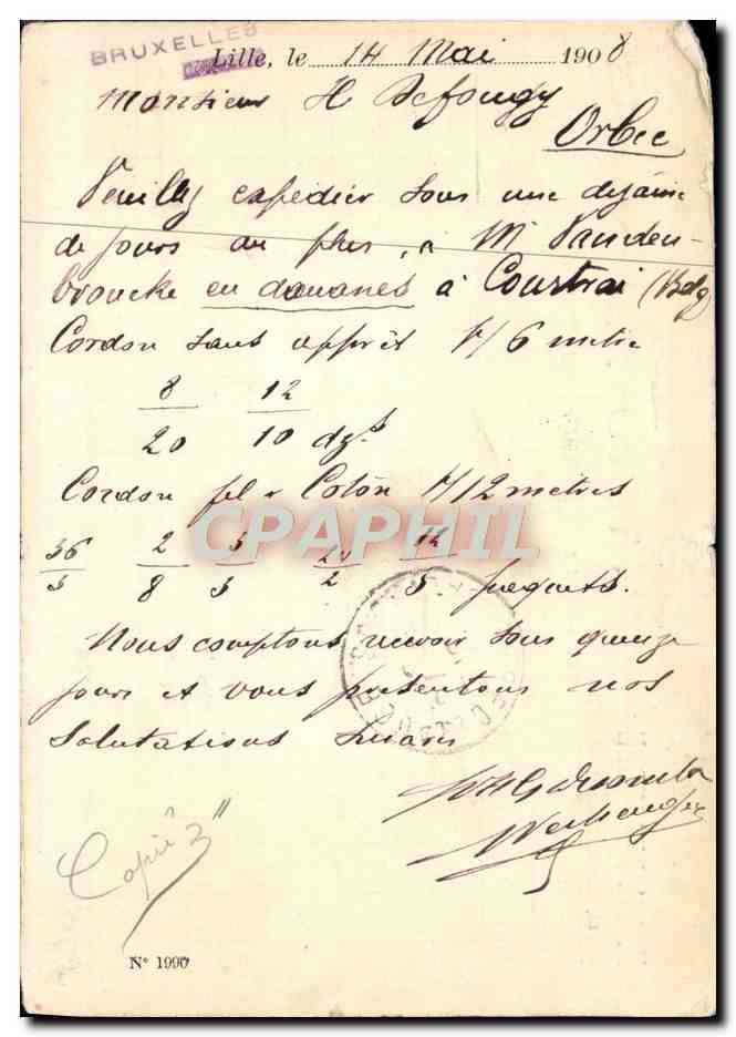 Carte postale Belgique Desombre Rue de Tournai lille pour orbec  — Back