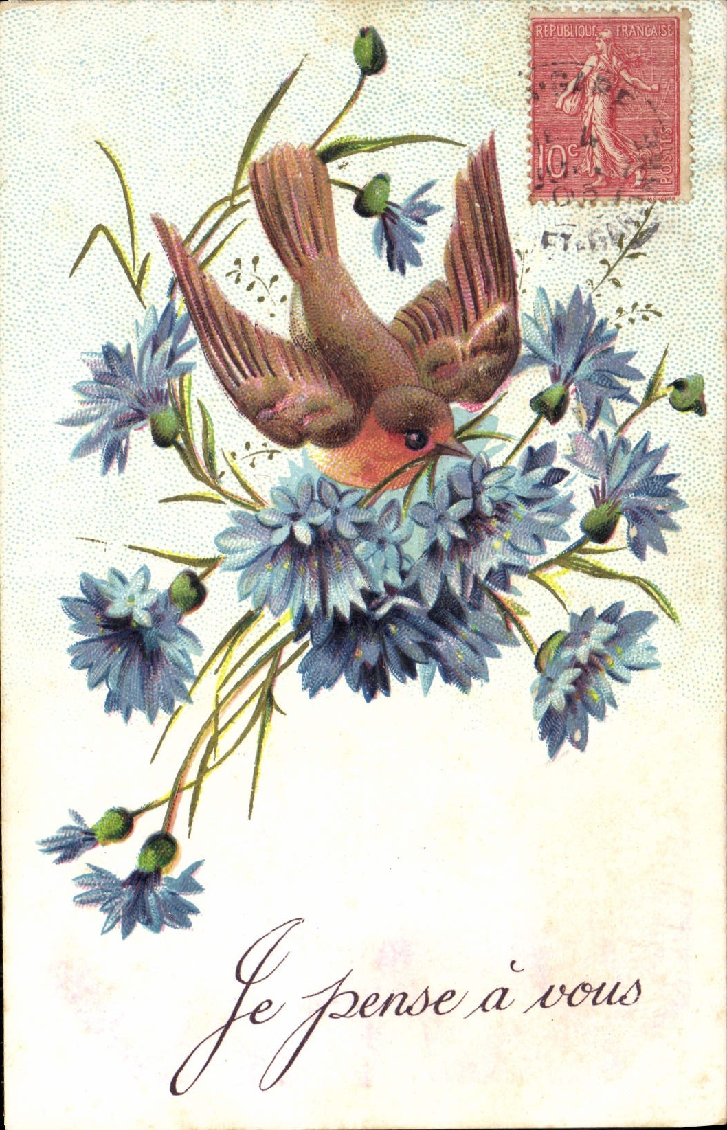 CPA Fantaisie Fleurs Oiseau Je Pense A Vous