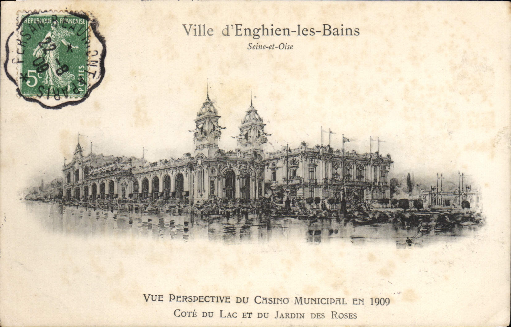 CPA Ville D'Enghien Les Bains Seine Et Oise Vue perspective du casino en 1909 Cote du lac et du jardin des roses 
