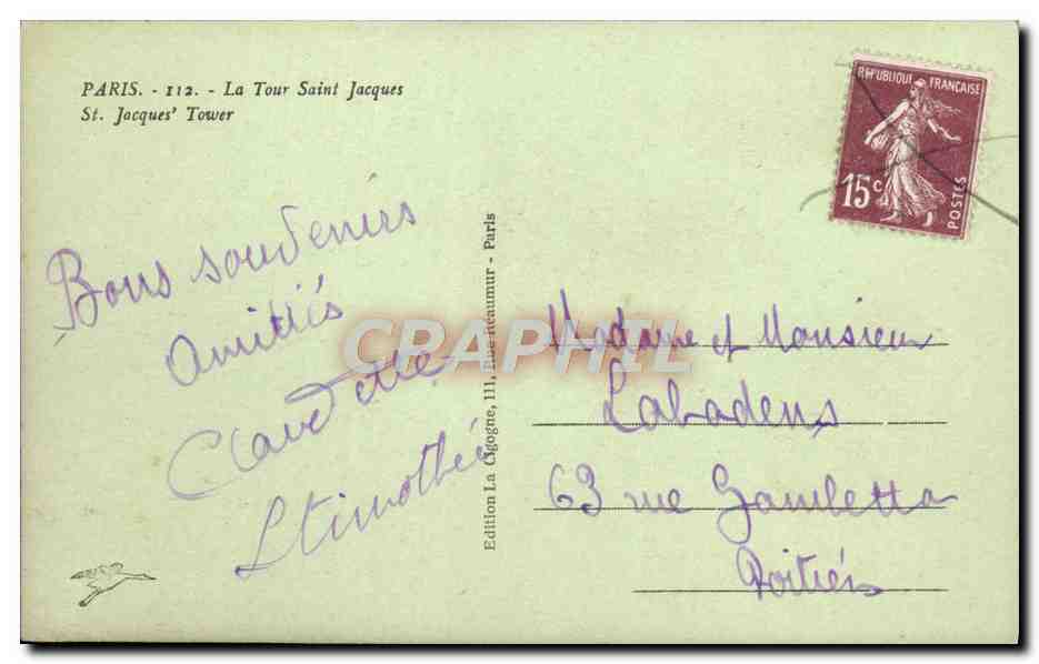 CPA Paris Tour Saint Jacques Tramway — Verso