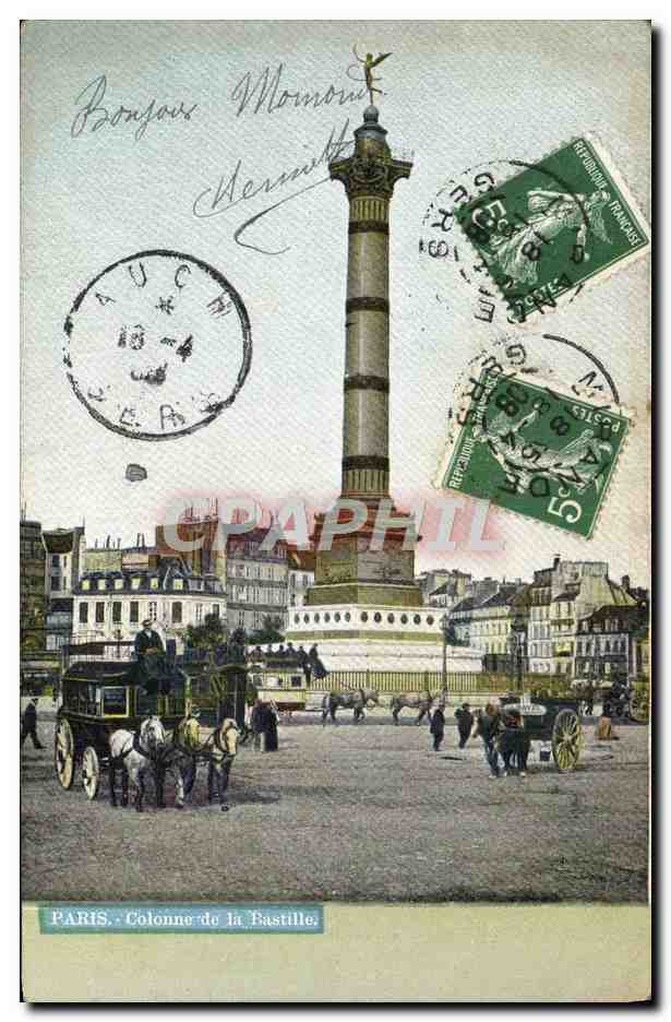CPA Paris Colonne De La Bastille Caleche Chevaux 