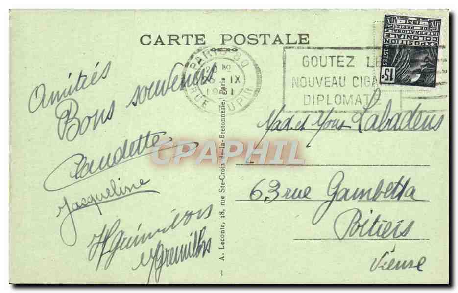 CPA Paris La Sorbonne Construite Par Richelieu Flamme Goutez le nouveau cigare diplomate Tabac — Rückseite