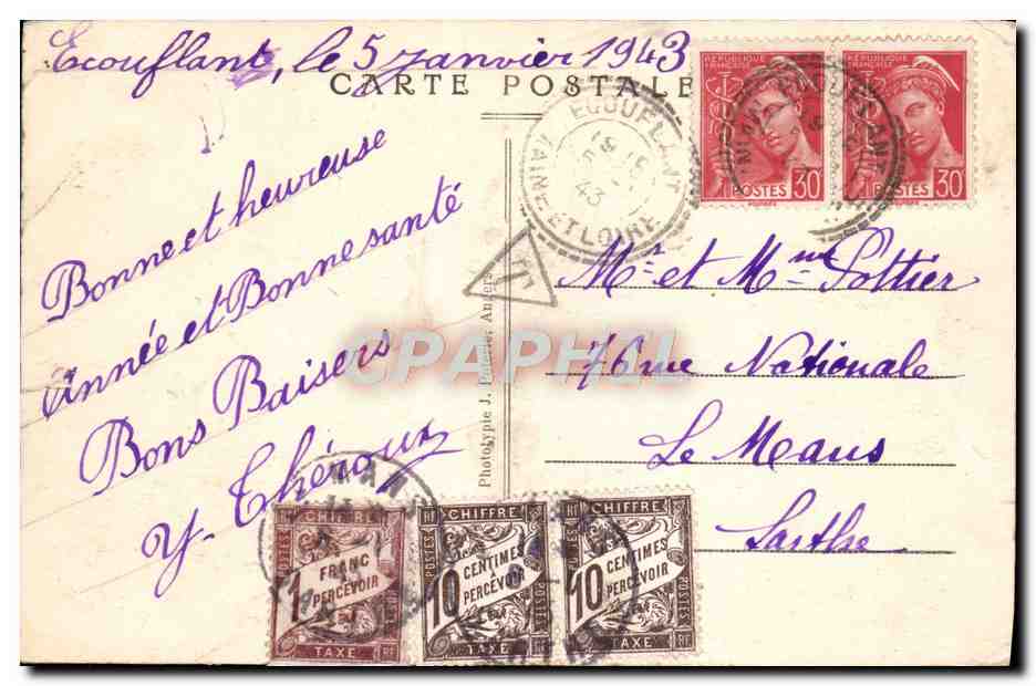 CPA Ecouflant L'Eglise Timbres taxe Mercure cachet Ecouflant — Rückseite