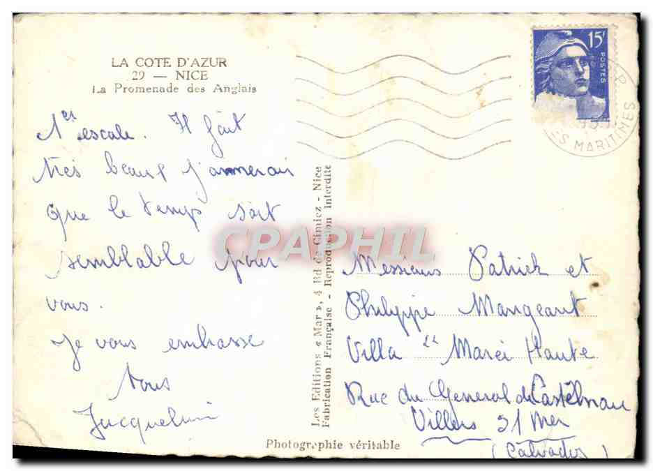 CPM La Cote D'Azur Nice La Promenade Des Anglais — Verso