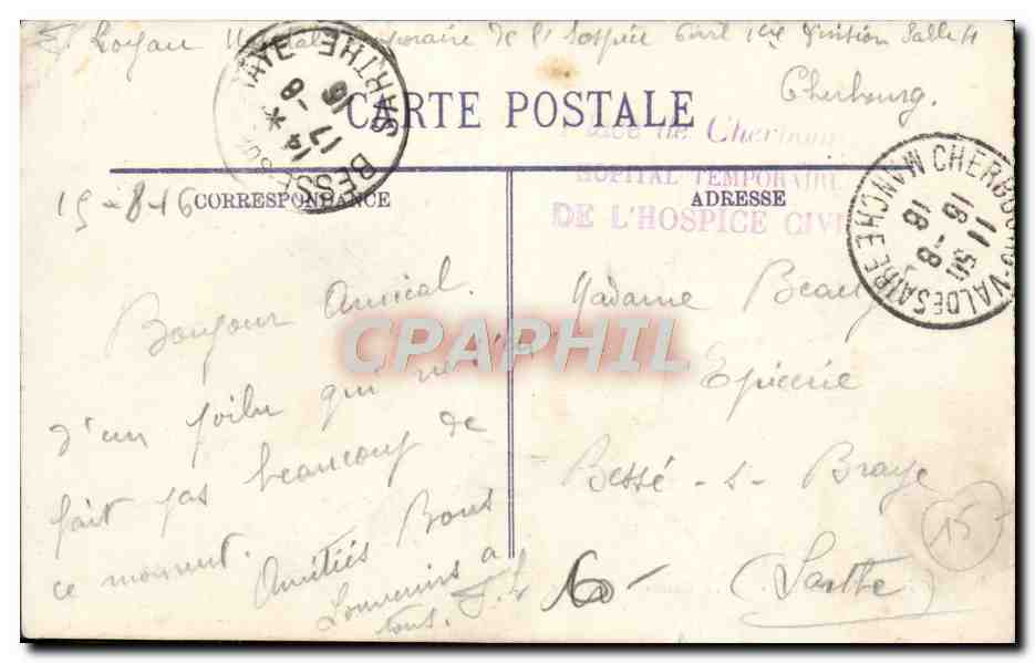 CPA Cherbourg Le Casino Et La Plage cachet Hopital temporaire  — Rückseite