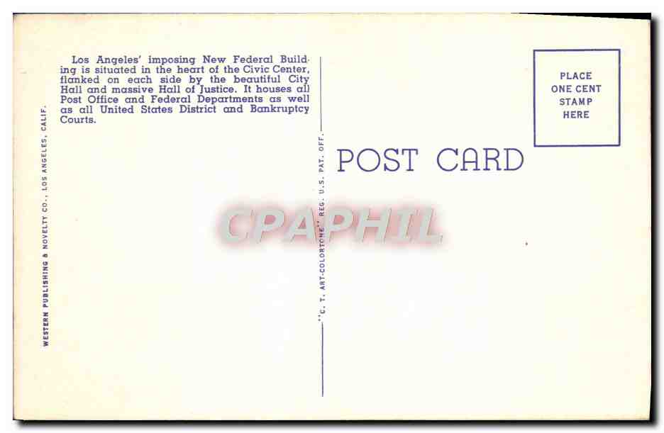 Post Office and Federal Building — City Hall, Los Angeles, California — C. T. & CO. n° 9A-H638 — Rückseite