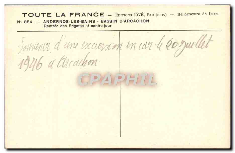 Andernos-les-Bains — Bassin d'Arcachon — Rentrée des Régates contre-jour — Éditions Jové, Pau (B.P.) — Reverso
