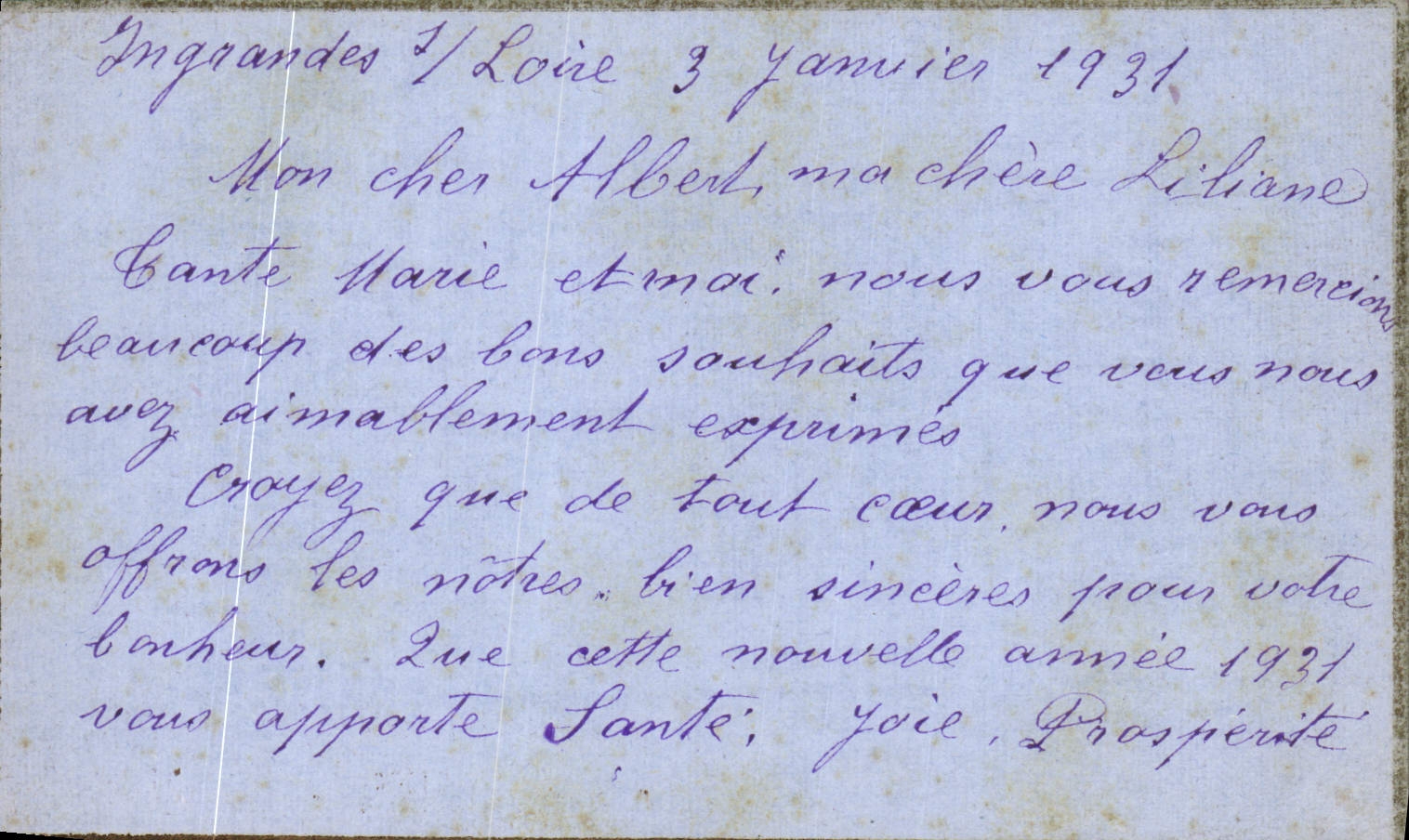 Lettre Ingrandes Janvier 1931