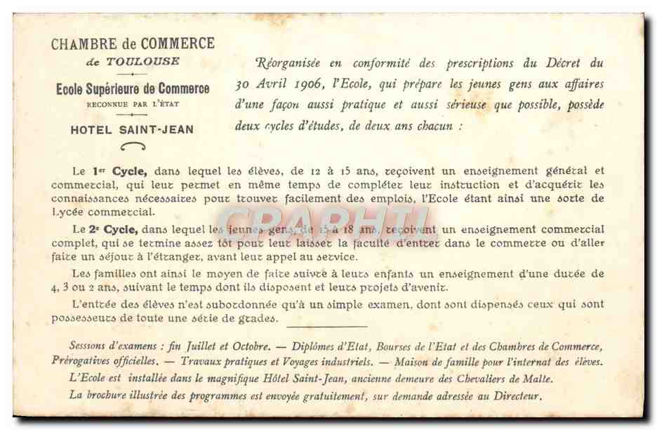 CPA Toulouse Ecole Superieure de Commerce Donjon du Capitole — Verso