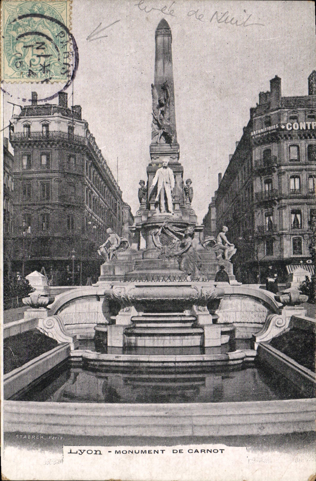CPA Lyon Monument De Carnot Cachet Levee de nuit Paris 