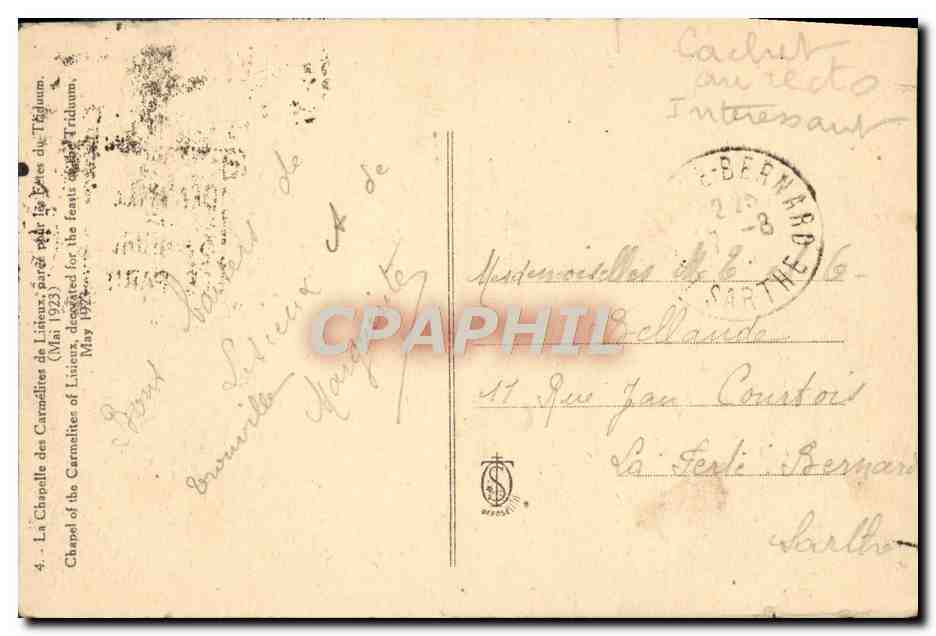 Intérieur de la chapelle des Carmélites de Lisieux — dédiée à la fête du Triduum — éditeur B. Bérenger — Verso