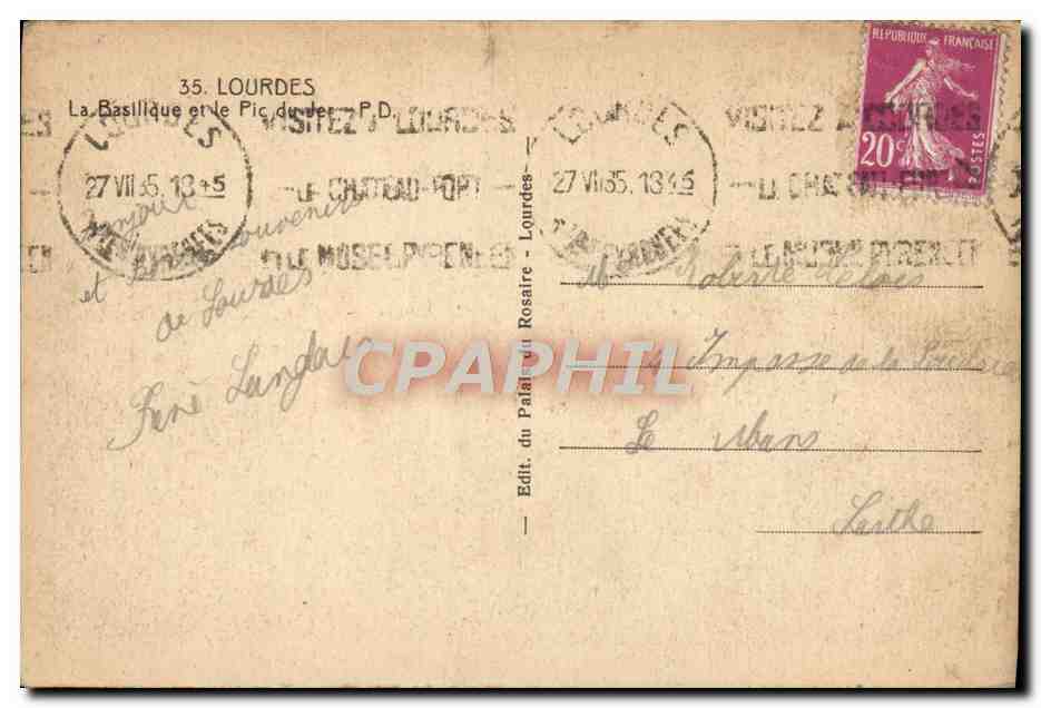 CPA Lourdes Basilique et le Pic Du Jer — Verso