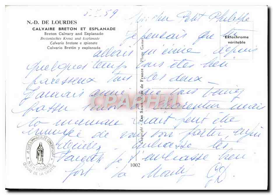 CPM Lourdes Notre Dame Calvaire breton et esplanade — Verso