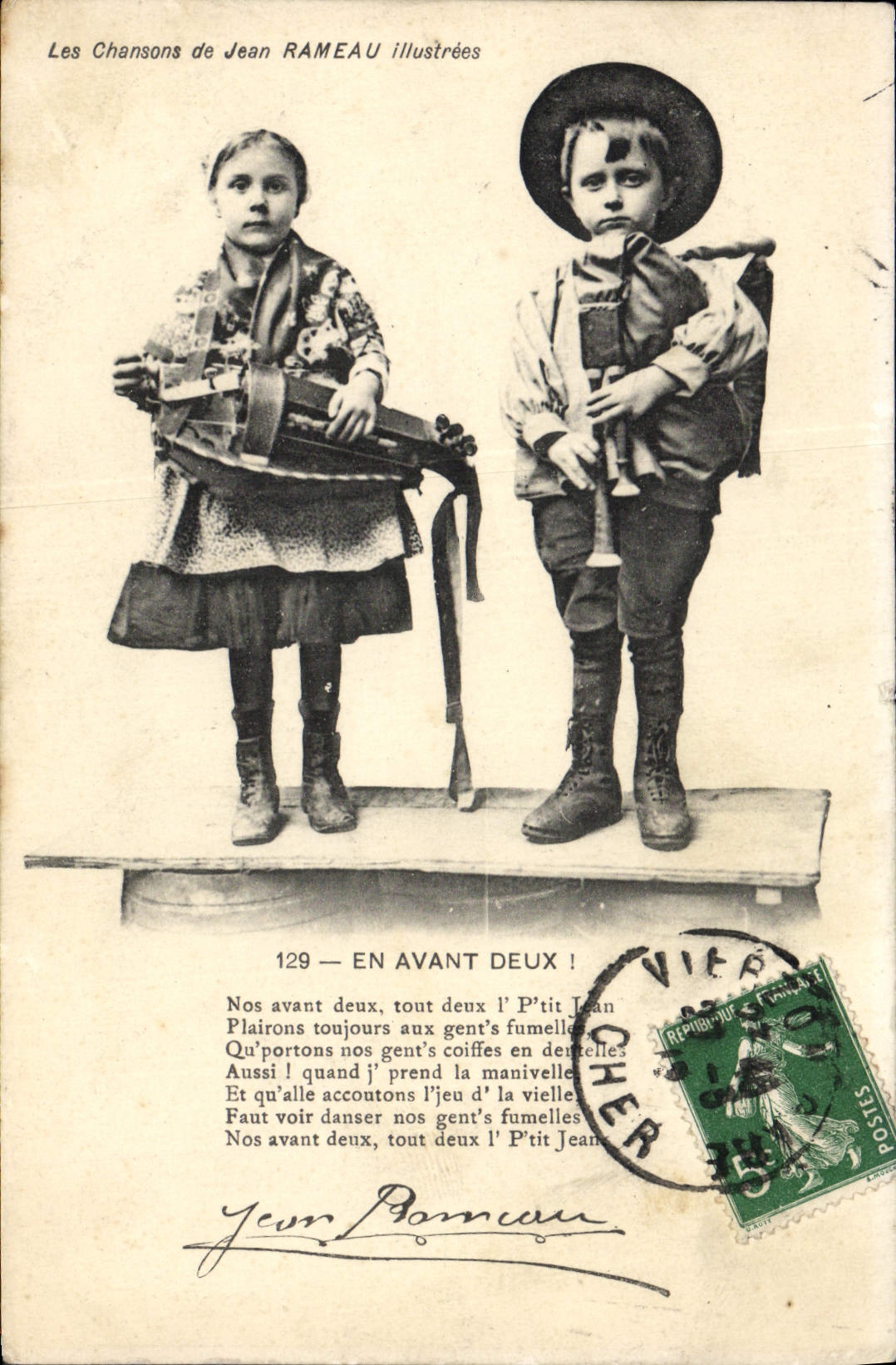 Dos niños en traje folclórico — Las Canciones de Jean RAMEAU ilustradas — n°129 — editor no visible - Anverso