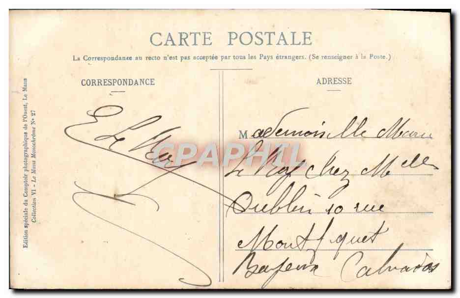 CPA Le Mans Caserne Cavaignac 26eme d'artillerie Place de la Mission Militaria  — Rückseite
