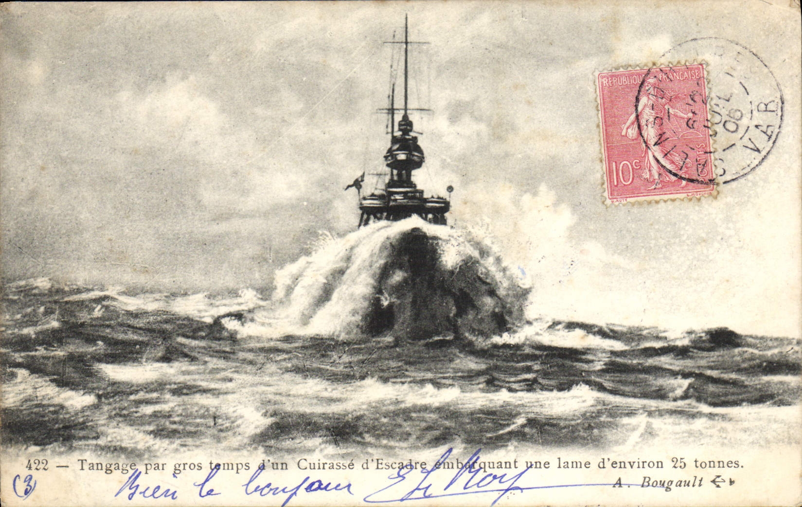 Tangage par gros temps d'un Cuirassé d'Escadre embarquant une lame d'environ 25 tonnes — A. Bougault — n°422