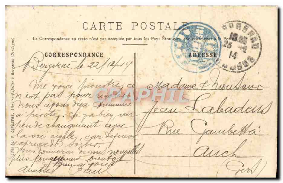 CPA Bergerac L'Eglise de la Madeleine Cachet Depot Infanterie Militaria — Rückseite
