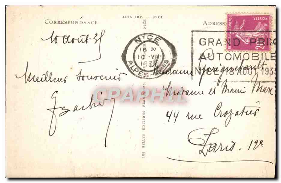 CPA Nice Le Jardin Albert 1er et la Casino Municipal Flamme grand prix automobile 1933 — Rückseite