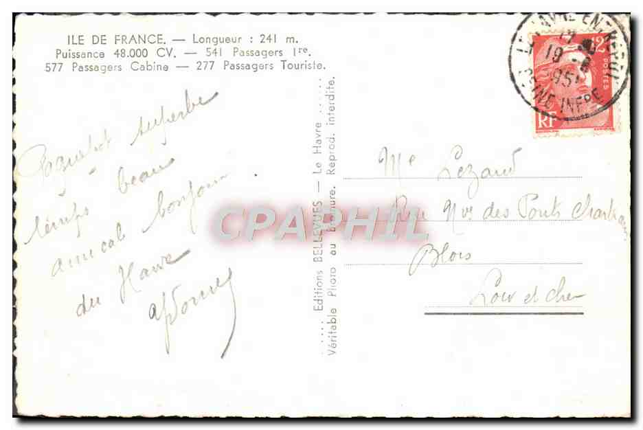 CPA Le Havre Le Paquebot Ile De France Bateau — Verso