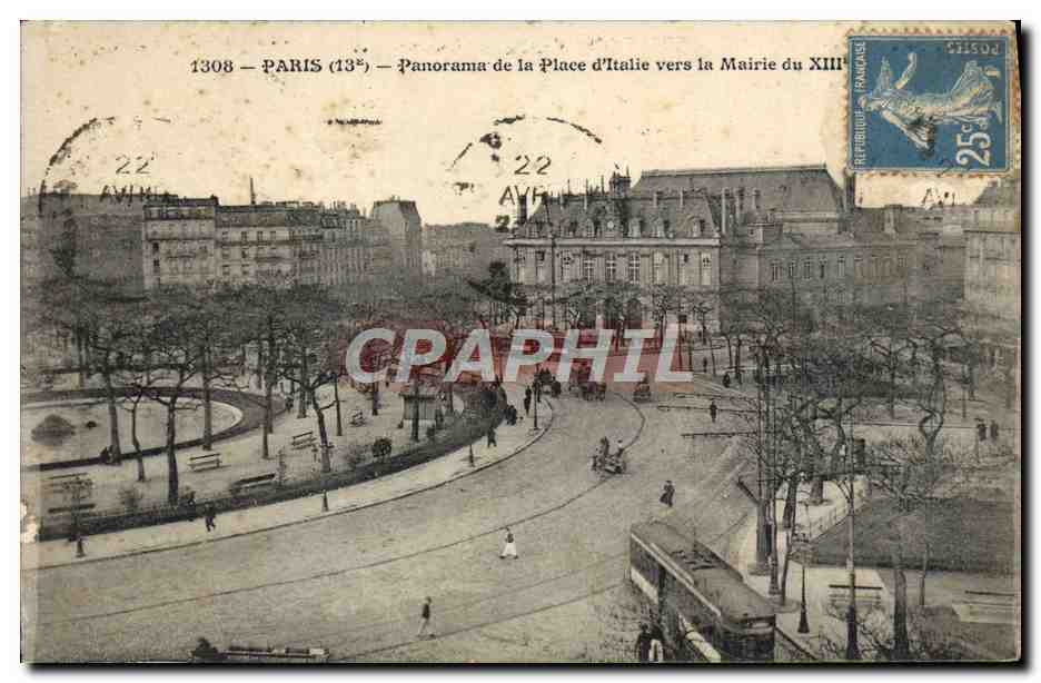 CPA Paris Panorama de la Place d'Italie Vers la Mairie du 13eme Tramway