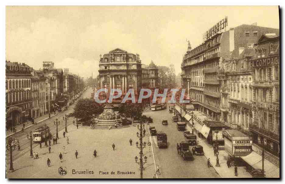 Bruxelles - Place de Brouckère — vue panoramique avec fontaine et tramway — éditeur Em. Thill, Bruxelles