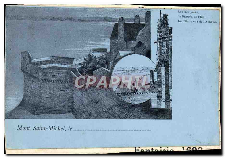 Mont Saint-Michel, le Bastion de l'Est — vue de l'abbaye et des remparts — Fantaisie 1602