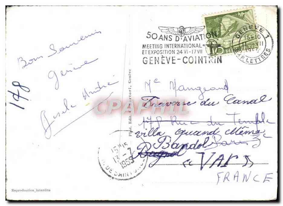 CPM Geneve Les cygnes Le jet d'eau et le Mont Blanc  — Verso