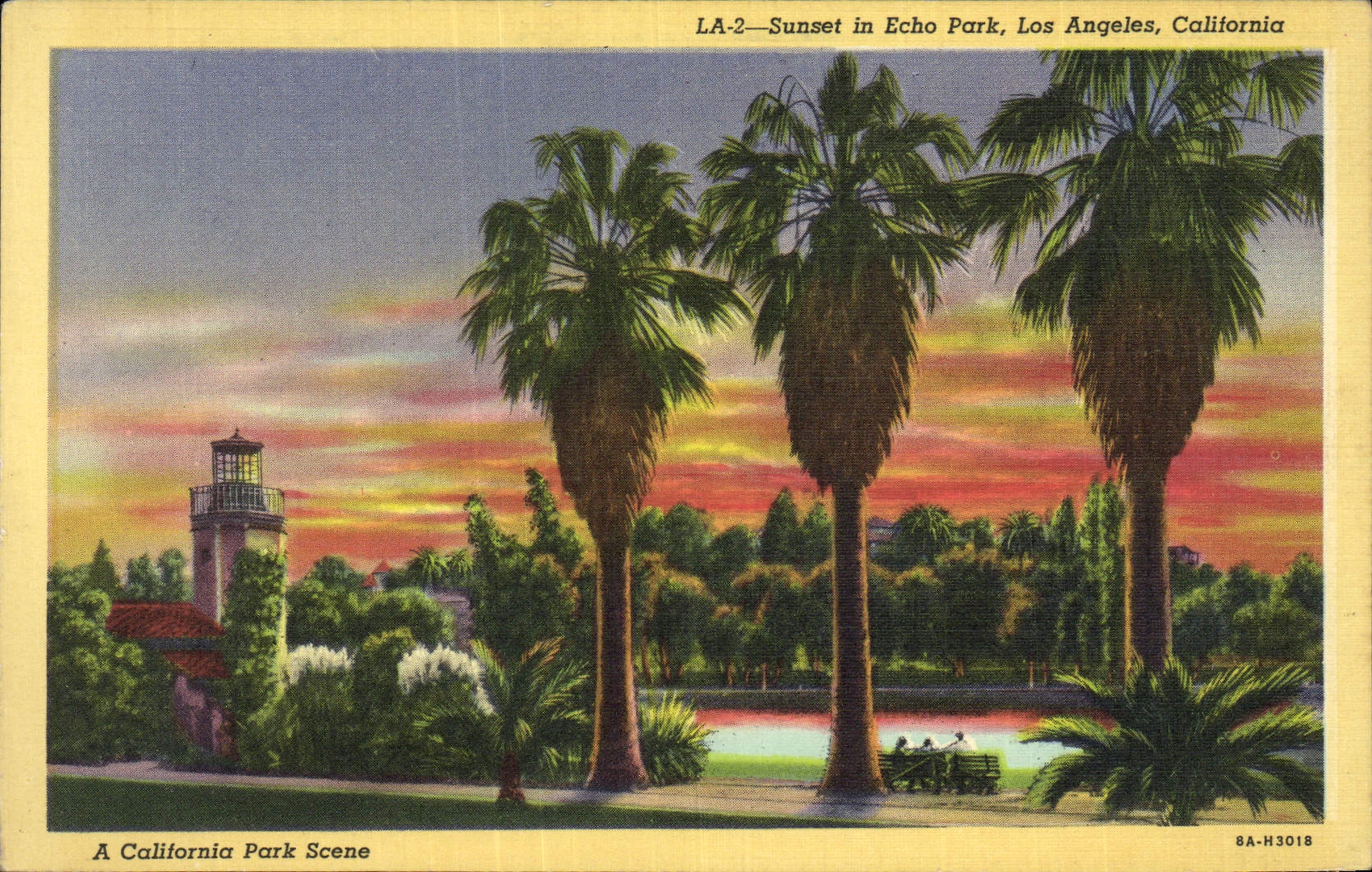 CPA A California Park Scene Sunset in Echo Park Los Angeles California