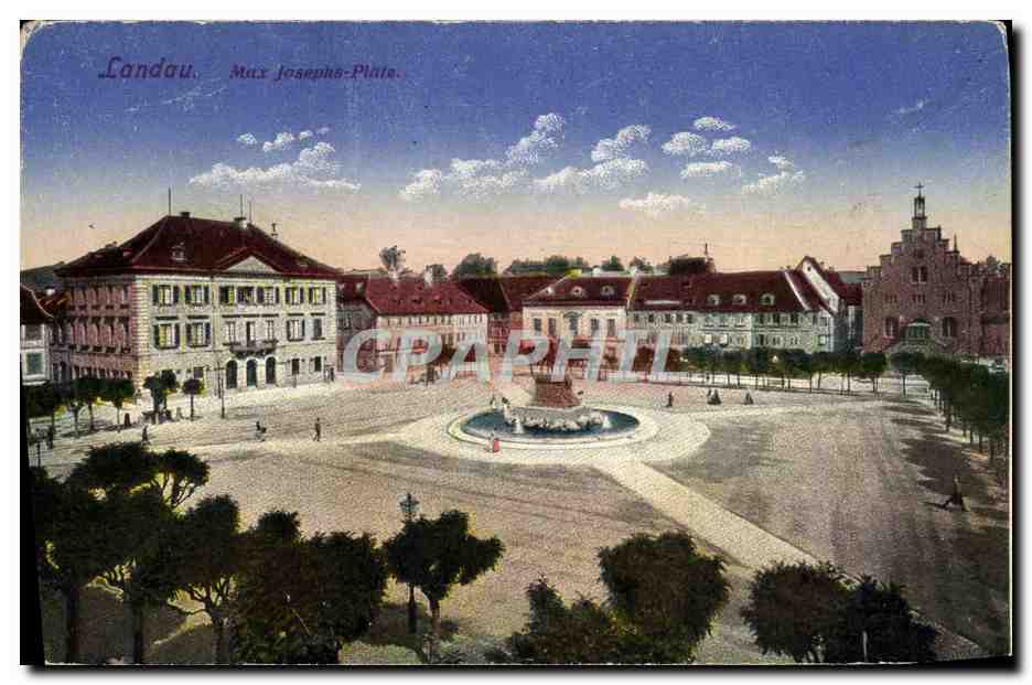 Landau, Max-Joseph-Platz — vue panoramique avec fontaine centrale — éditeur non identifié