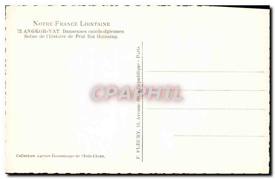Danseuses cambodgiennes — Scène de l'histoire de Prat Bat Haisaing — éditeur F. Fleury, Paris — Verso