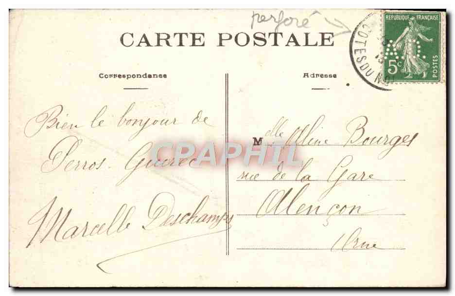 CPA Ploumanac'h Rocher La Guerite Semeuse 5c Vert Perfore AD — Back