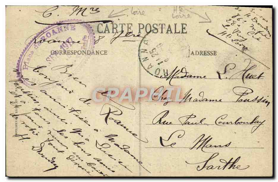 Roanne - Le Carrefour Helvétique — Aux Dames de France, éditeur Usset, n° 1059 — Verso