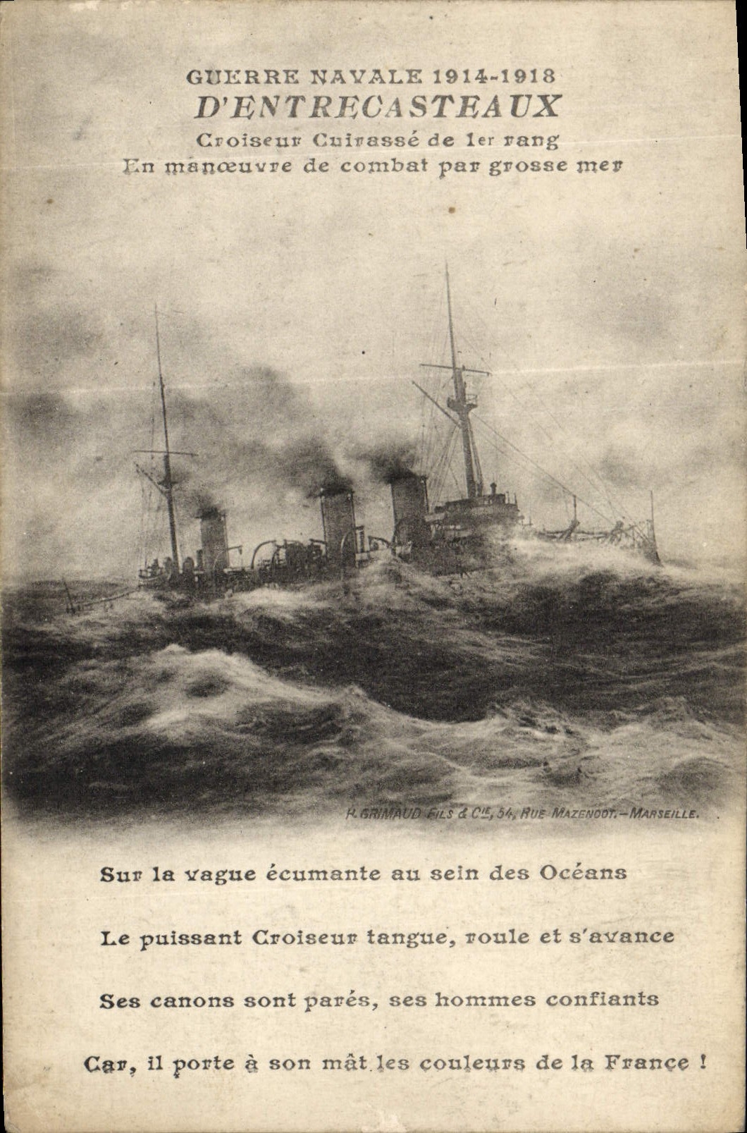 D'Entrecasteaux — Croiseur cuirassé de 1er rang en manœuvre de combat — R. Grimaud & Cie, 34 rue Mazenoot, Marseille