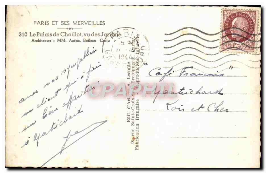 CPM Paris Ses Merveilles Le Palais de Chaillot Vu Des Jardins — Verso