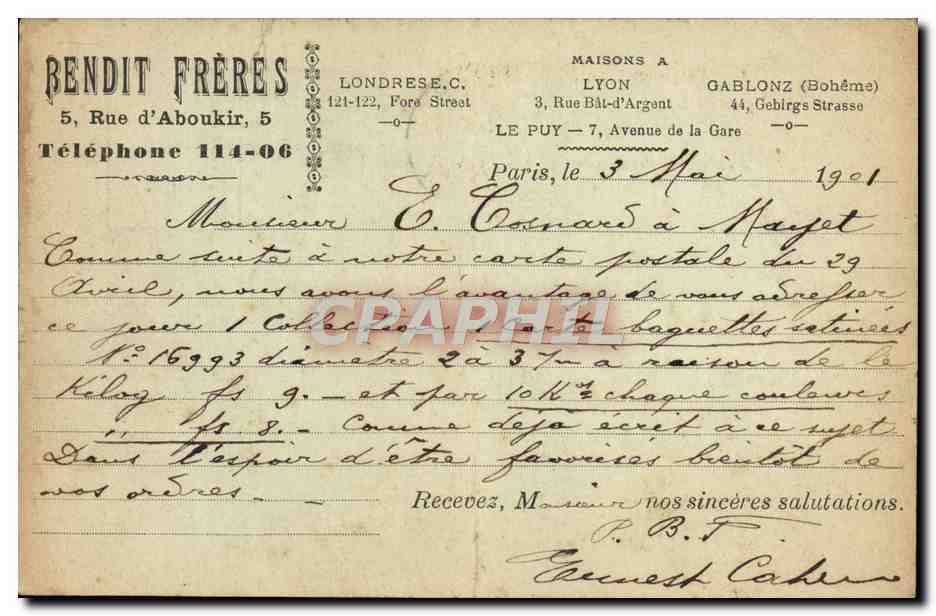 Carte Postale Bendit Freres 5 Rue d'Aboukir Paris Londres Lyon Gablonz Le Puy