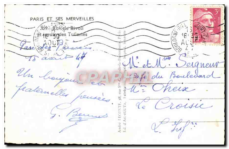 CPM Paris Et Ses Merveilles Rue de Rivoli Jardin des Tuileries — Verso