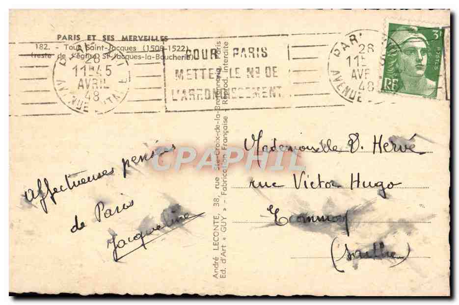 CPA Paris Tour Saint Jacques  — Rückseite