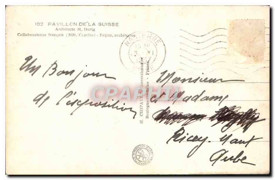 CPA Exposition Internationale Paris 1937 Pavillon de la Suisse — Back