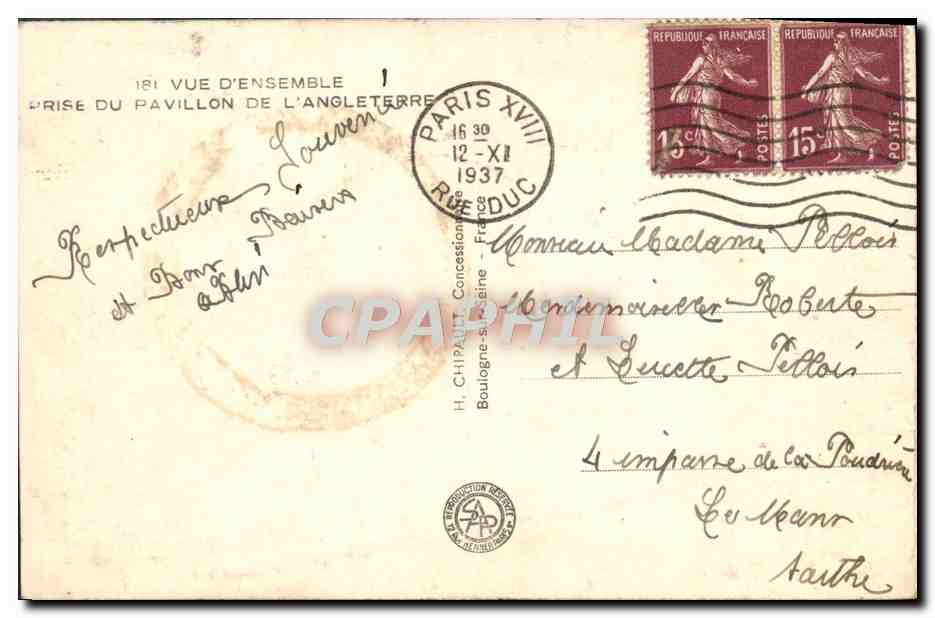CPA Exposition Internationale Paris 1937 Pavillon de l'Angleterre — Rückseite