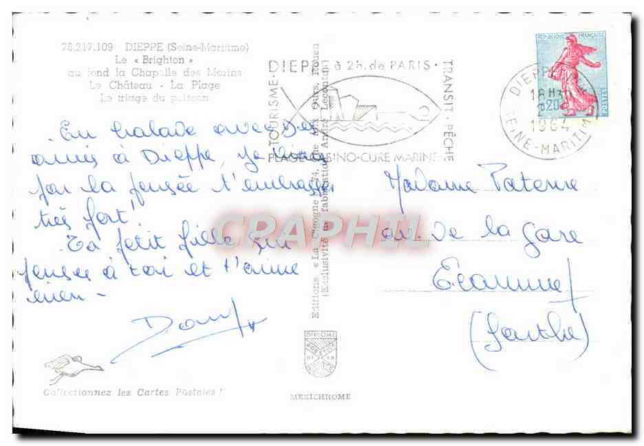 CPM Dieppe Le Brighton Au fond la chapelle des marins Le chateau La plage Le triage du poisson — Verso
