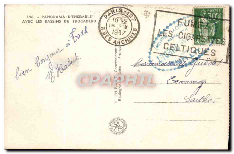 CPA Exposition Internationale Paris 1937 Tour Eiffel Panorama d'ensemble avec les bassins du Trocadero — Rückseite