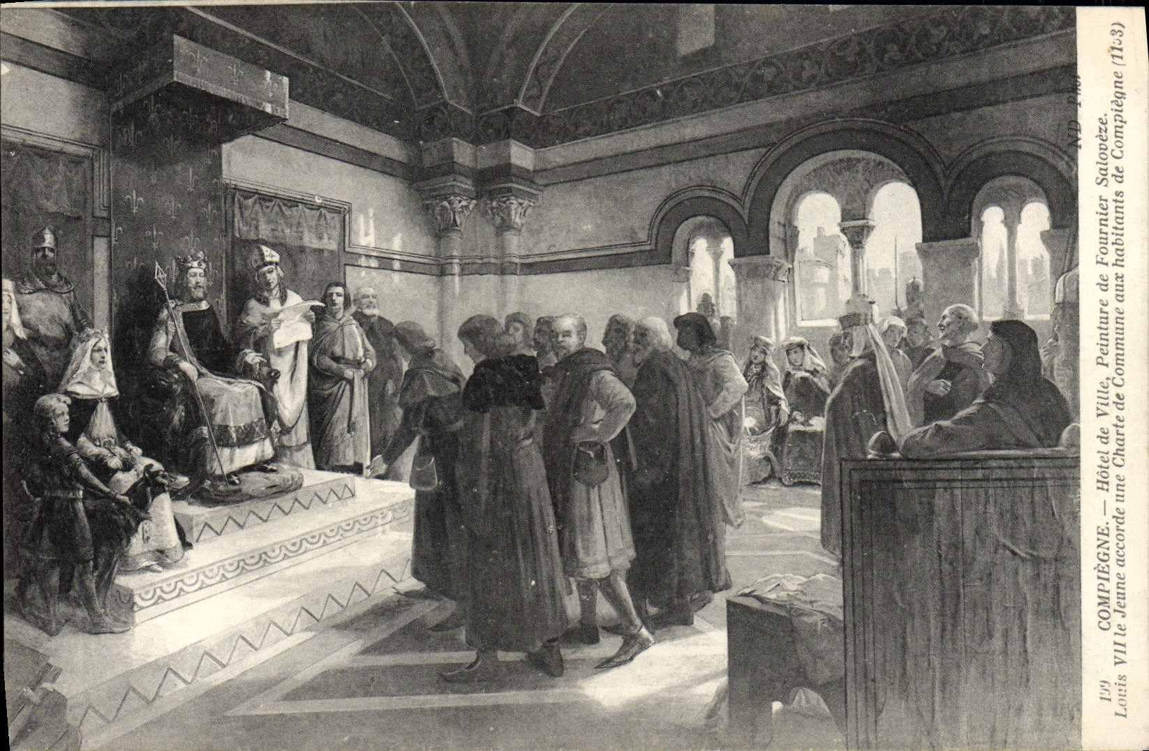 Compiegne — Louis VII le Jeune accorde une Charte de Privileges aux habitants de Fournier Salouëze — Hôtel de Ville, peinture de la Commune de Compiegne (11-3)