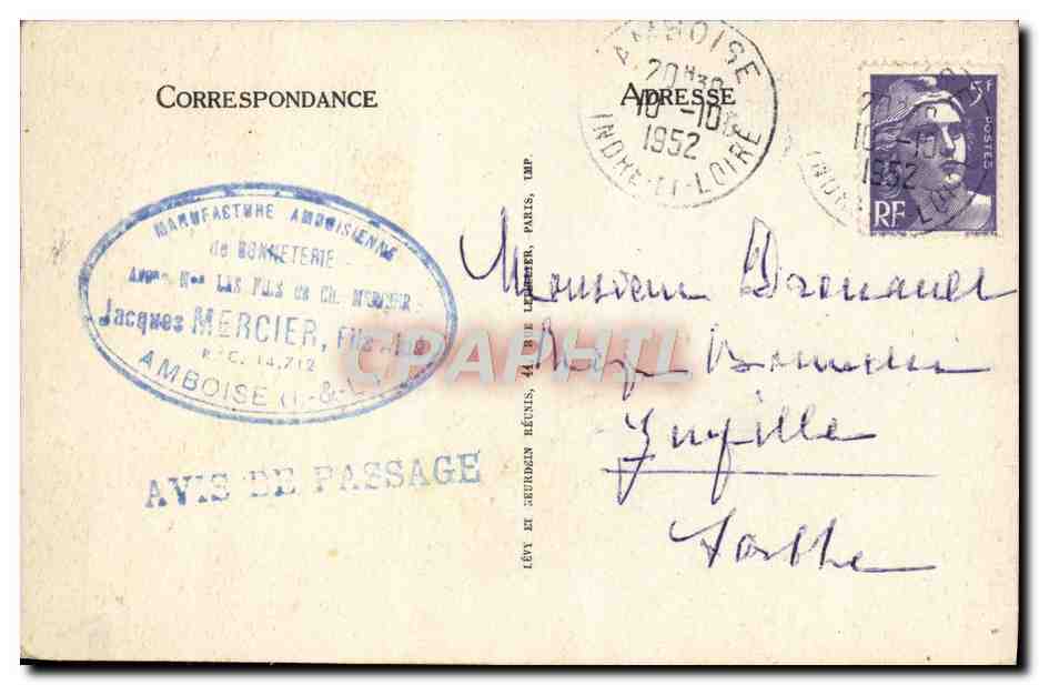 CPA Chateau D'Amboise Porte De La Chapelle Saint Hubert Cachet Bonneterie Mercier Amboise — Rückseite