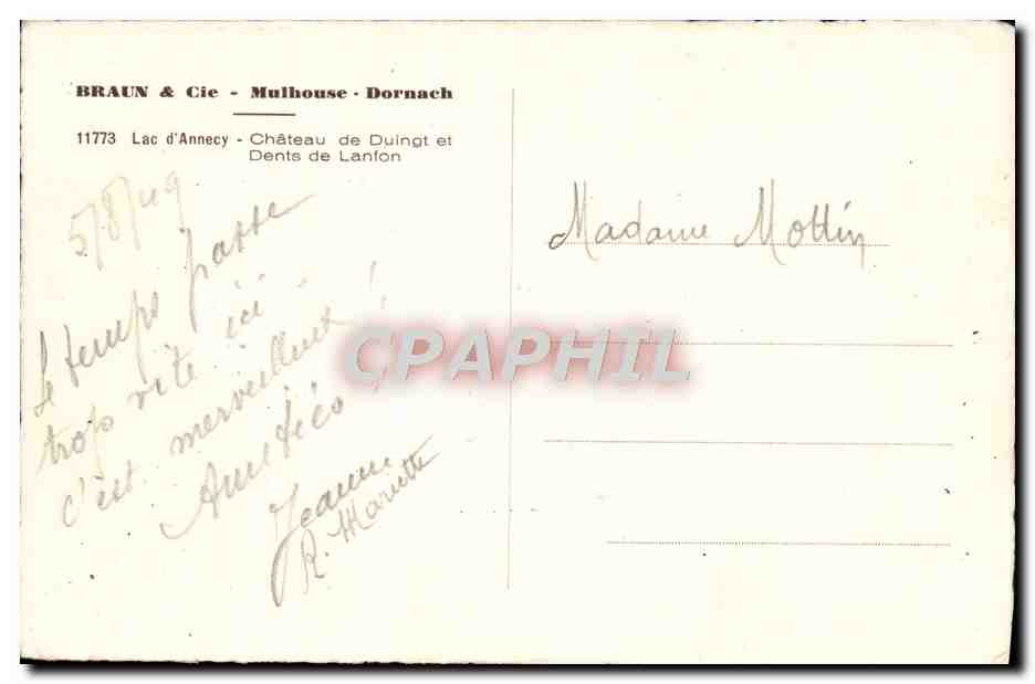Lac d'Annecy — Château de Duingt et Dents de Lanfon — Braun & Cie, Mulhouse - Dornach — Verso