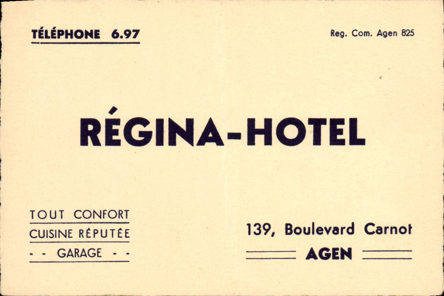Carte de visite Regina Hotel Boulevard Carnot Agen
