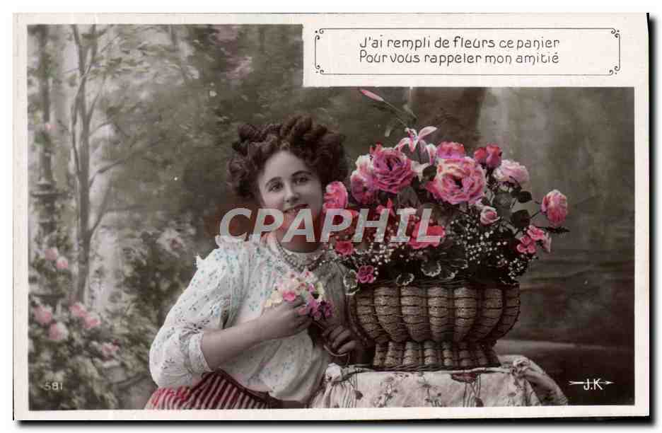 Femme avec panier de fleurs — J'ai rempli de fleurs ce panier Pour vous rappeler mon amitié — J.K. n° 581