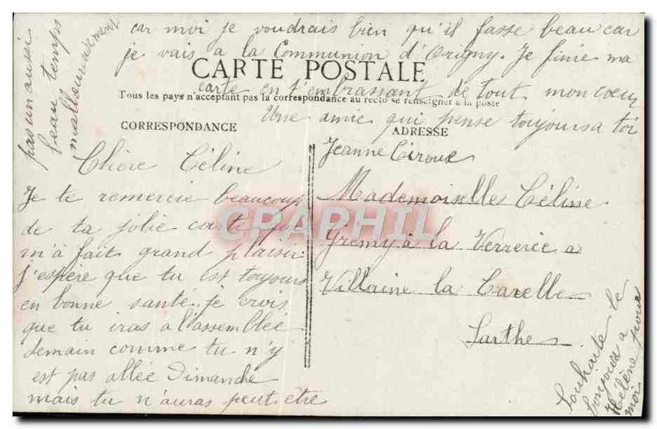 Femme avec panier de fleurs — J'ai rempli de fleurs ce panier Pour vous rappeler mon amitié — J.K. n° 581 — Verso