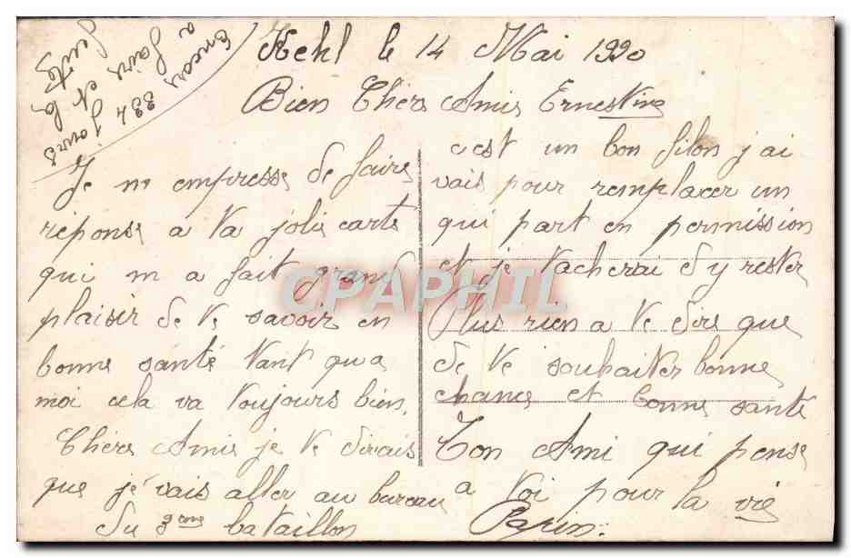 Soldat en casque et femme en robe rose — Carte postale de 1910 — Éditeur J. 163 — Verso