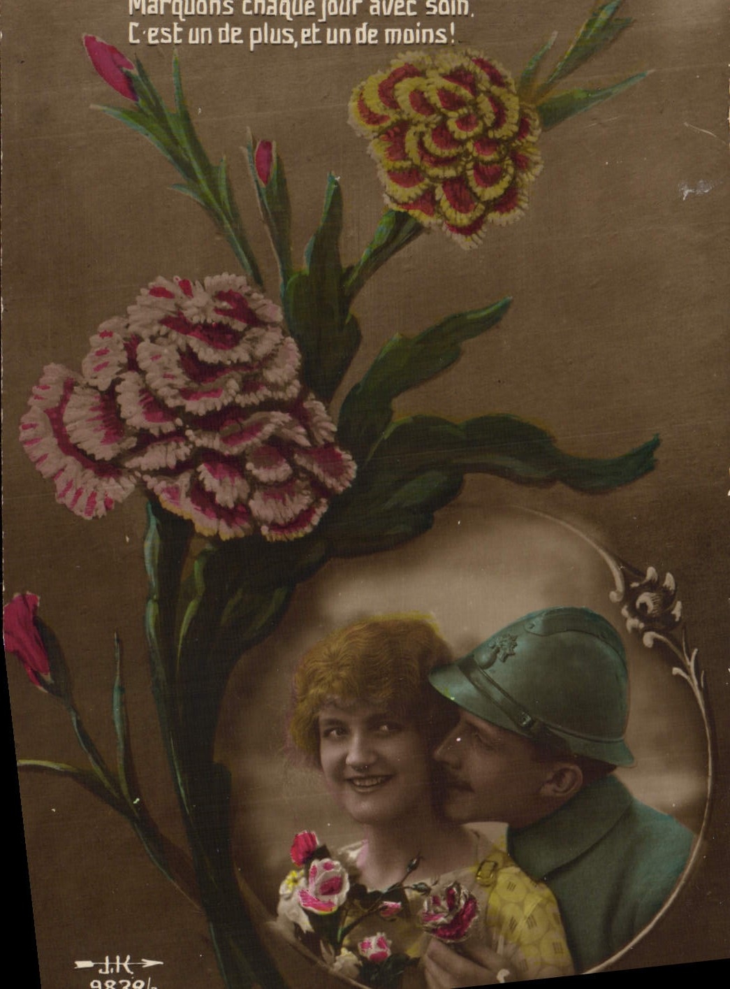 Soldado y mujer — escena afectuosa con lirios — editor J.H.K. n° 9839