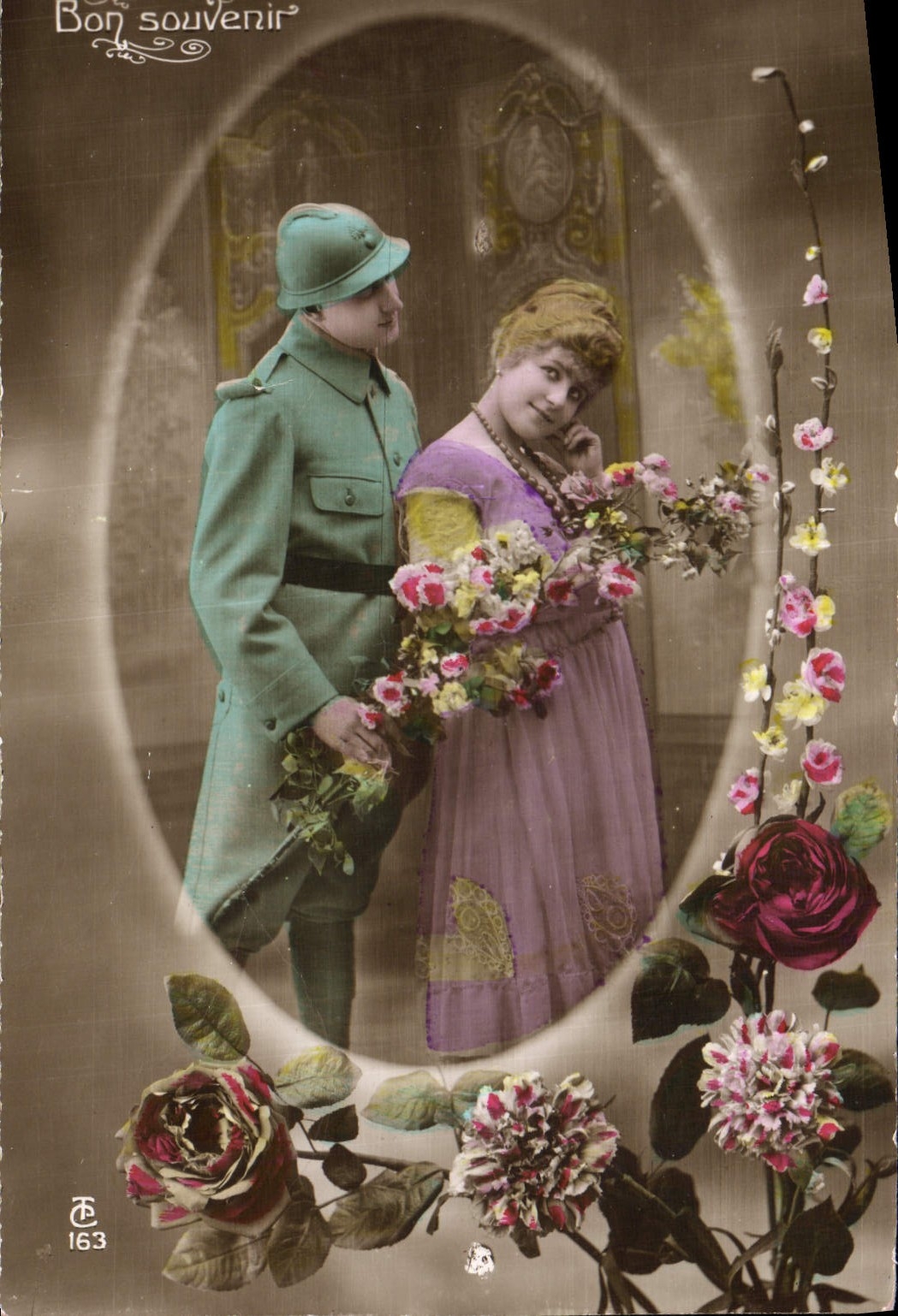 Soldat et jeune femme — scène de souvenir — Bon souvenir, n° 163